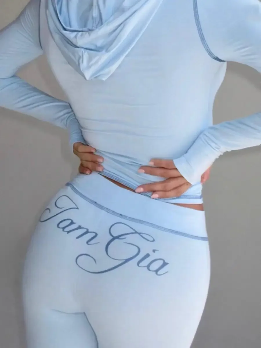 Pantaloni micro svasati da donna a vita bassa con cerniera in cotone blu 2025 a maniche lunghe con cappuccio e top elasticizzato