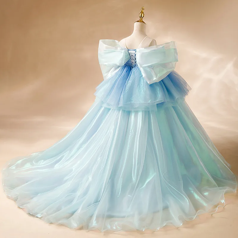 Robe de demoiselle d'honneur bleu ciel pour mariage, col en fibre, superposé, longueur au sol, jolie princesse, fête d'anniversaire, boule, quoi que ce soit