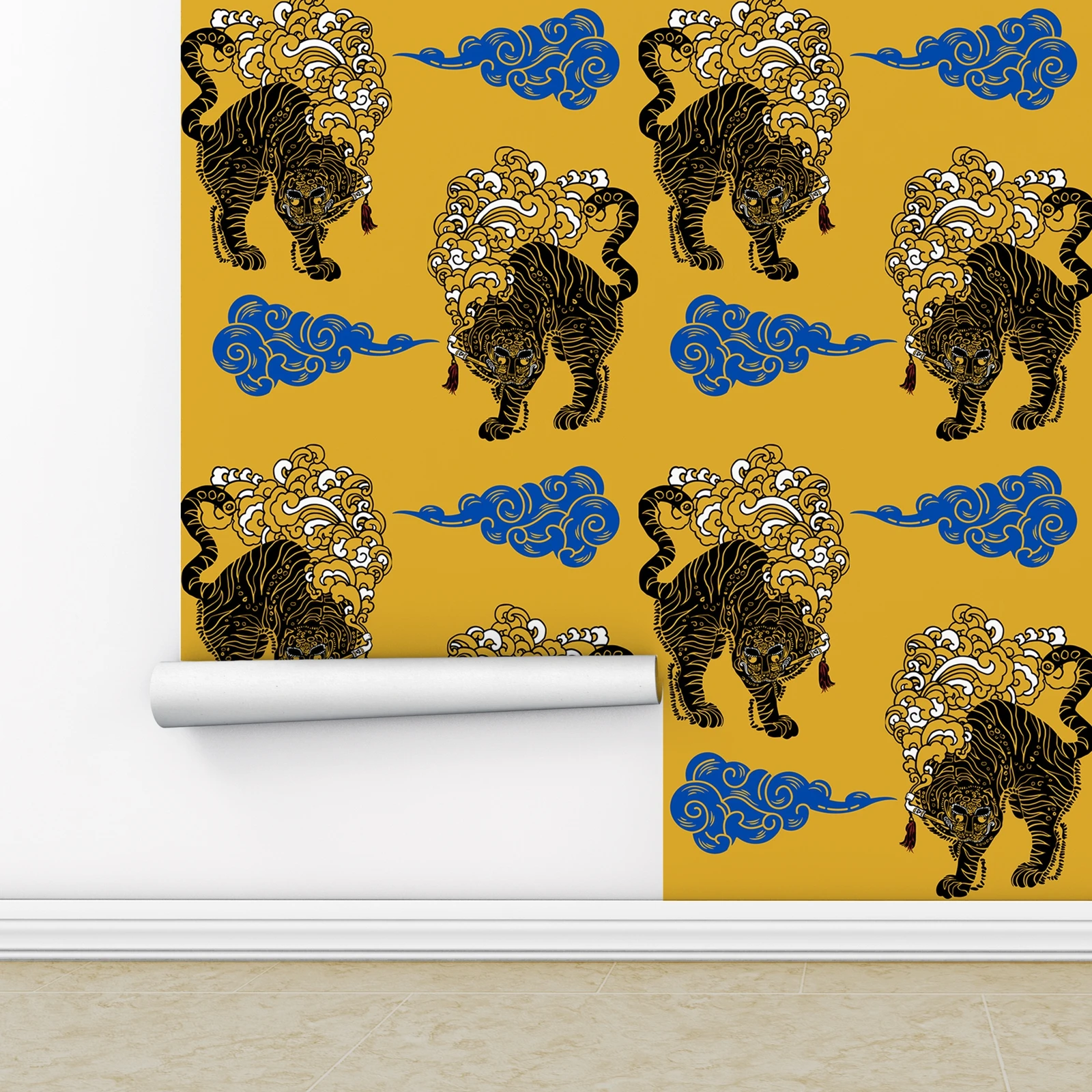 Whimsical Animal Peel and Stick Wallpaper,Playful Tiger Wallpaper on Yellow Background,Charming Cartoon Kids Wallpapers,50*300cm