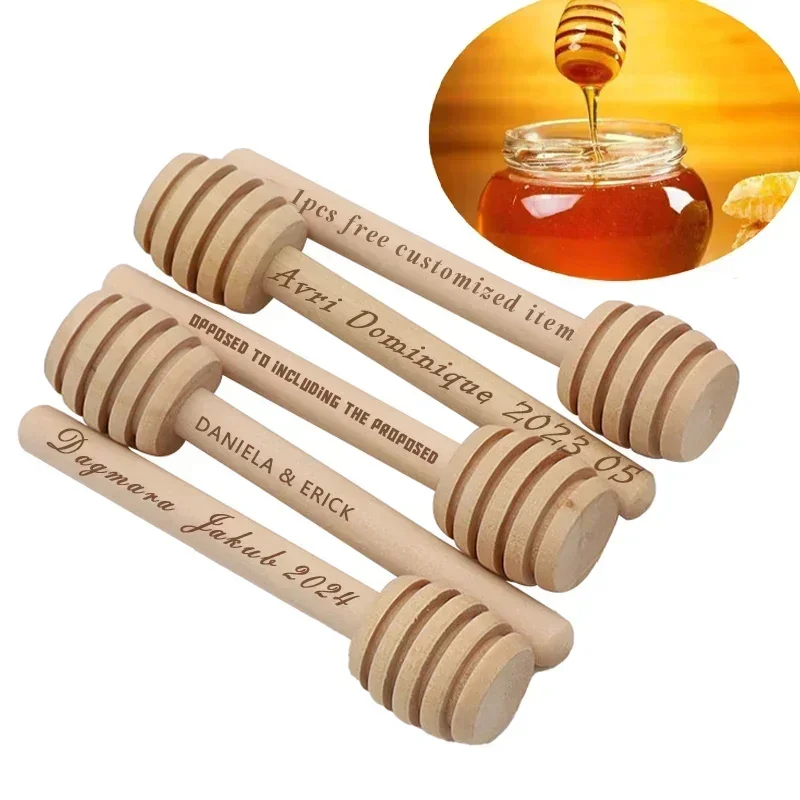 10PCS Free Personalised Wooden Honey Dip Sticks Bee 10Cm Wood Honey Spoon Custom Engraved Name Date Spoon For Wedding Party Gift