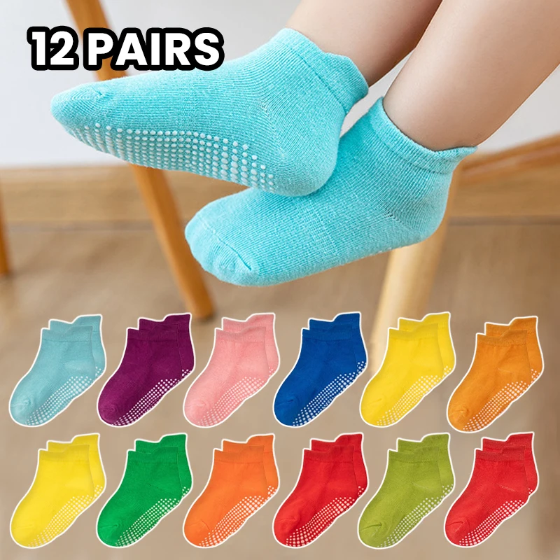 

12 pairs colorful children's short socks, self-adhesive anti-slip baby walking socks, trampoline socks, girls' socks