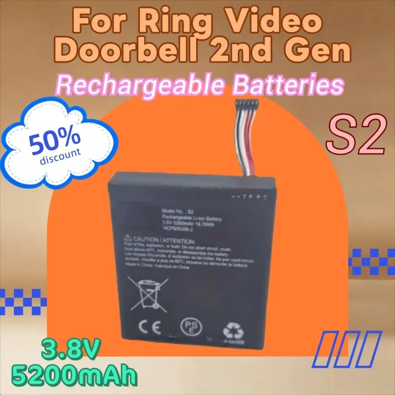 

100% New High Quality S2 3.8V 5200mAh Replacement Battery for Ring Video Doorbell 2nd Gen (6 Pin Version ONLY)