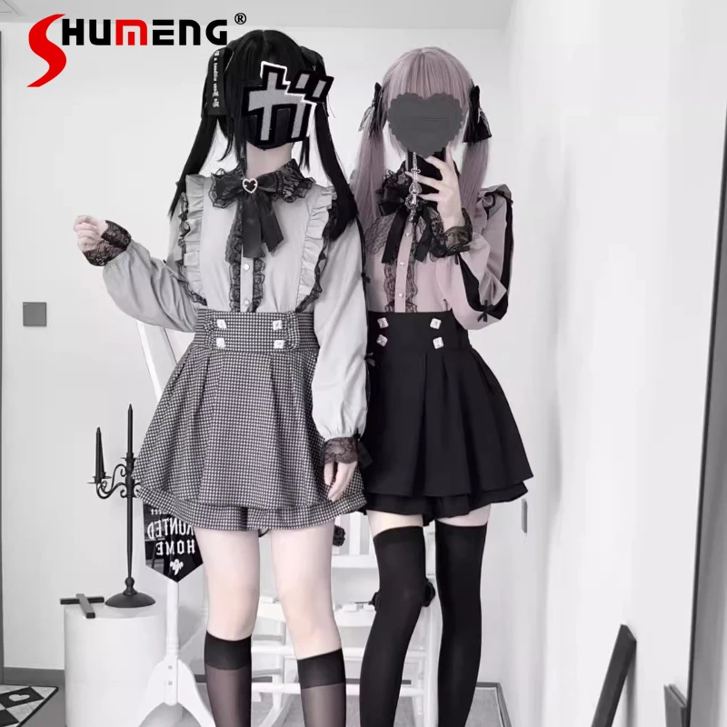 

Japanese Original Subculture Style Mass-Produced SC Black Pink Suit Y2k Long-sleeved Shirt and Short Pants Two Pieces Sets Women