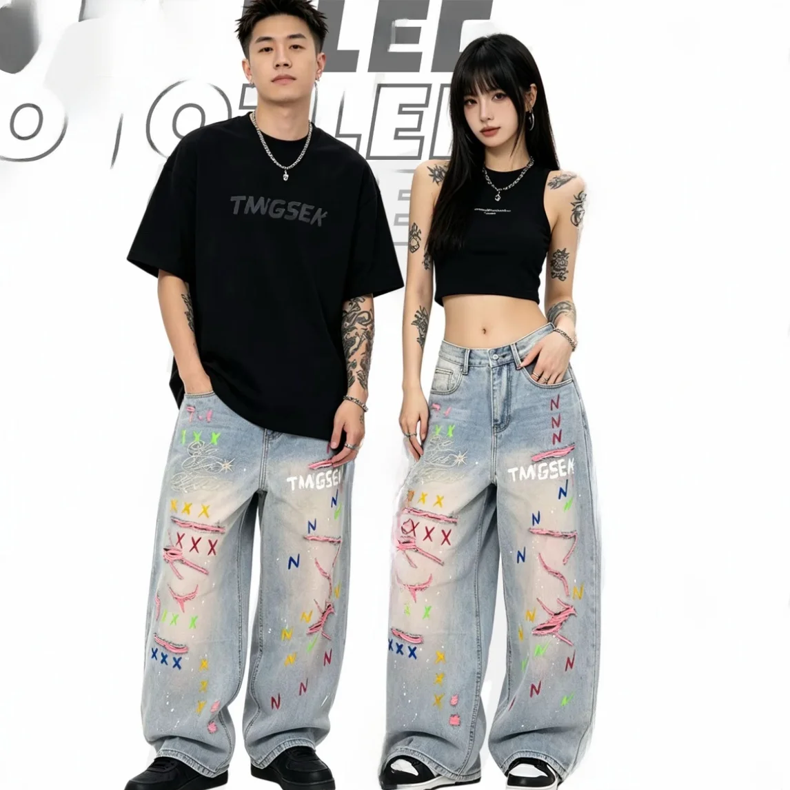 Calças Jeans Unissex Americanas Modernas com Design de Furos Pintados, Estilo Solto Casual, Perna Larga e Reta, para Casais