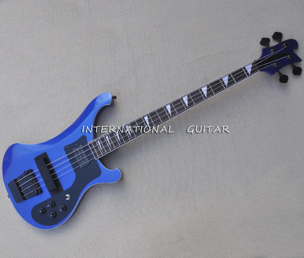 4 Strings Metal Blue Electric Bass Guitar with Black Pickguard,Rosewood Fretboard