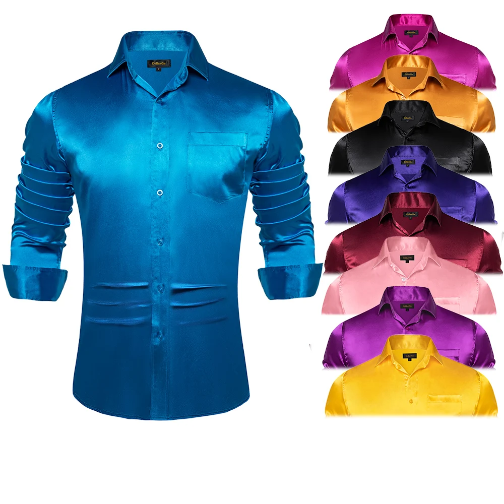 Camisas de vestir de satén para hombre, camisa de esmoquin suave de seda, manga larga, azul, rojo, blanco y negro, ropa informal para fiesta de boda