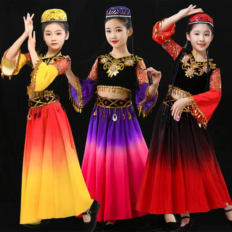 

Chinese Ethnic Xinjiang Dance Costume Children Vintage Tiben Dance Dress for Stage Girl National Folk Dancewear Performance