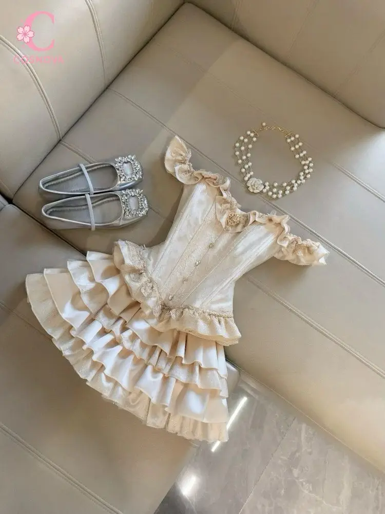 

French Elegant Coquette 2Pcs Set Women Lace Corset Ruffle Crop Top Tiered Skirt Slim Fit Bodycon Summer Party Date Night Outfit