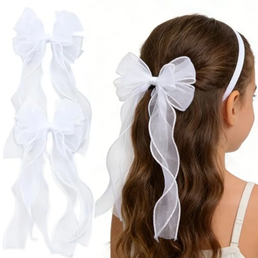 

2Pcs White Ribbon Bow Hair Clips Flower Girl Long Layer Bow Barrette Alligator Clip Bridal Birthday First Communion Headwear Ac
