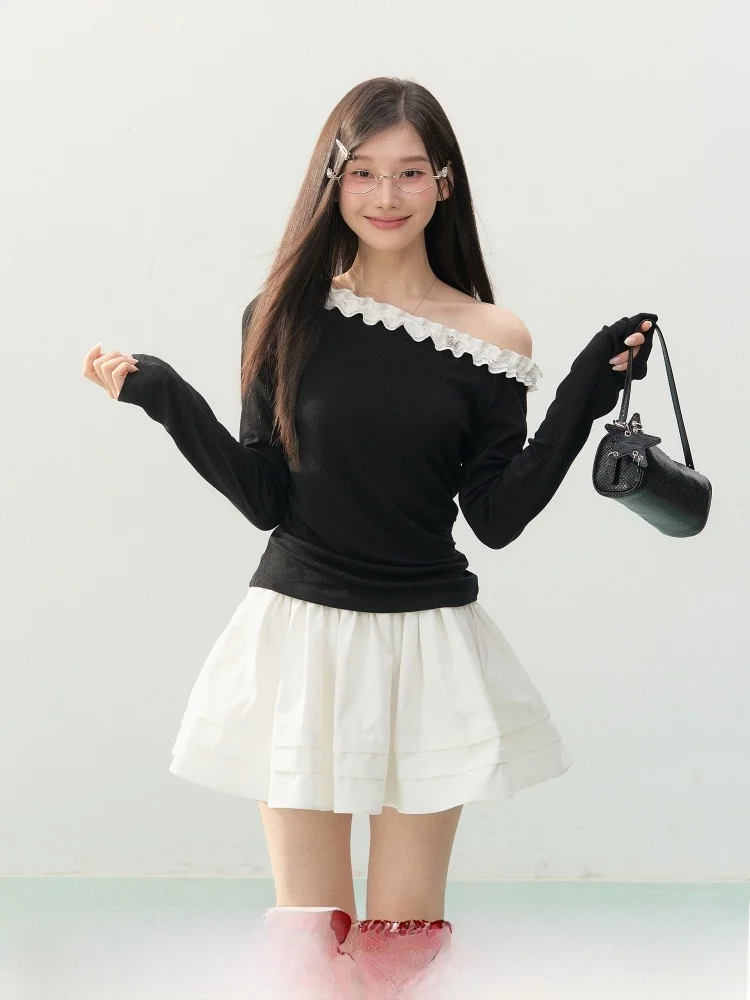 

ELEVEN SP Spring Floral Collar Slant oulder Long Sve Women's T-irt Korean Sle Inner Wear Base irt Comfortable Knit...