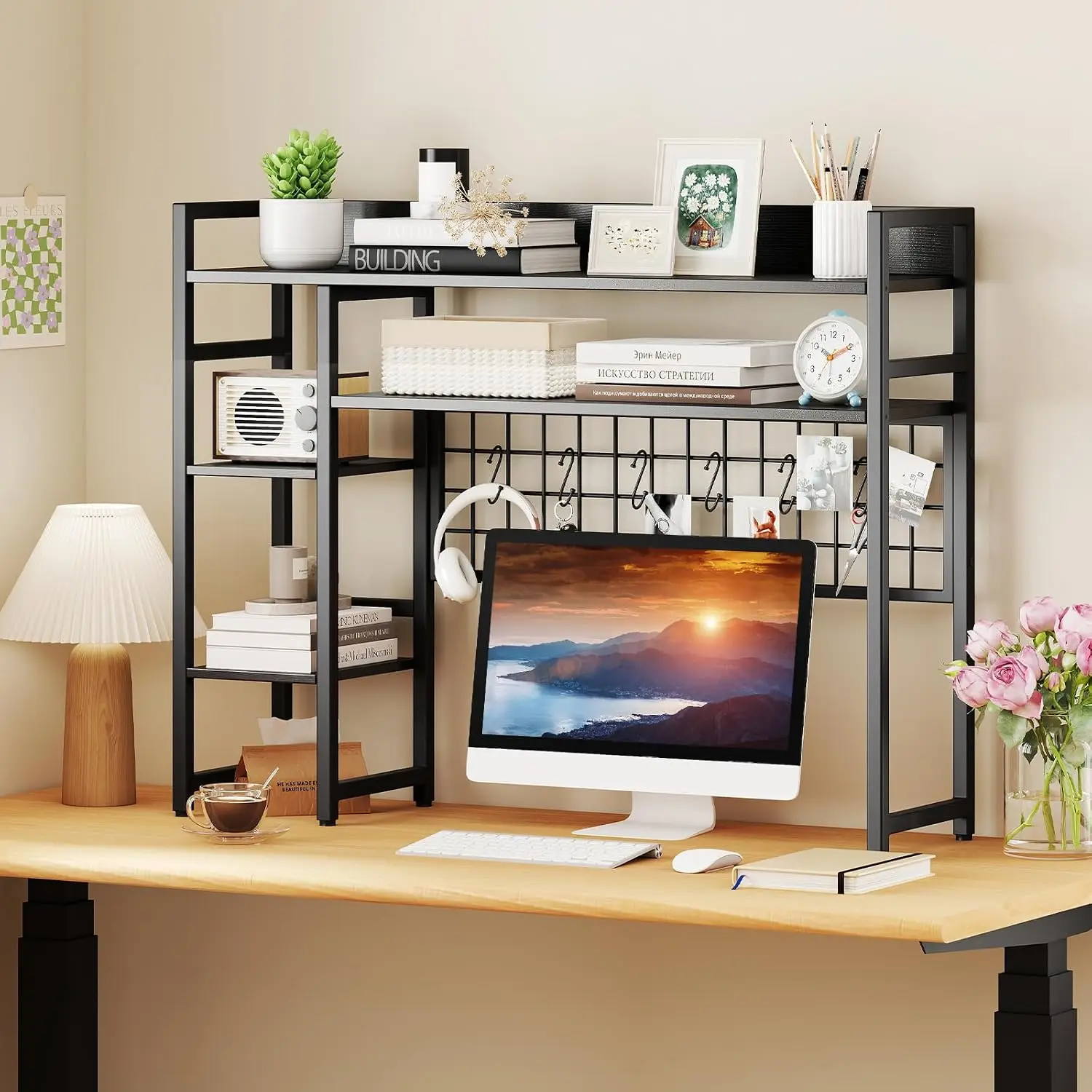 Desktop Bookshelf for Computer Monitor Up to 32”, Countertop Storage Hutch with 4 Open Shelves, Grid Panel, 6 Hooks, Anti-tip Device, 4-Tier Desktop Shelves for Home Office Dorm, Black