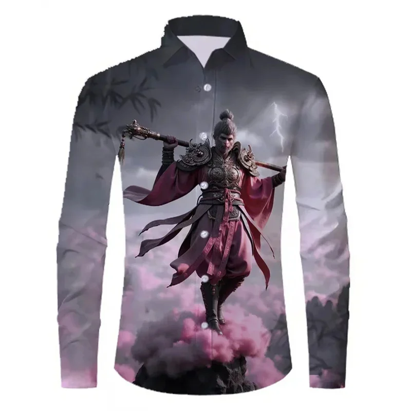 

Black mythology Goku printed long sleeve shirt men's casual outdoor shirt lapel button high quality shirt M-4XL Summer 2024