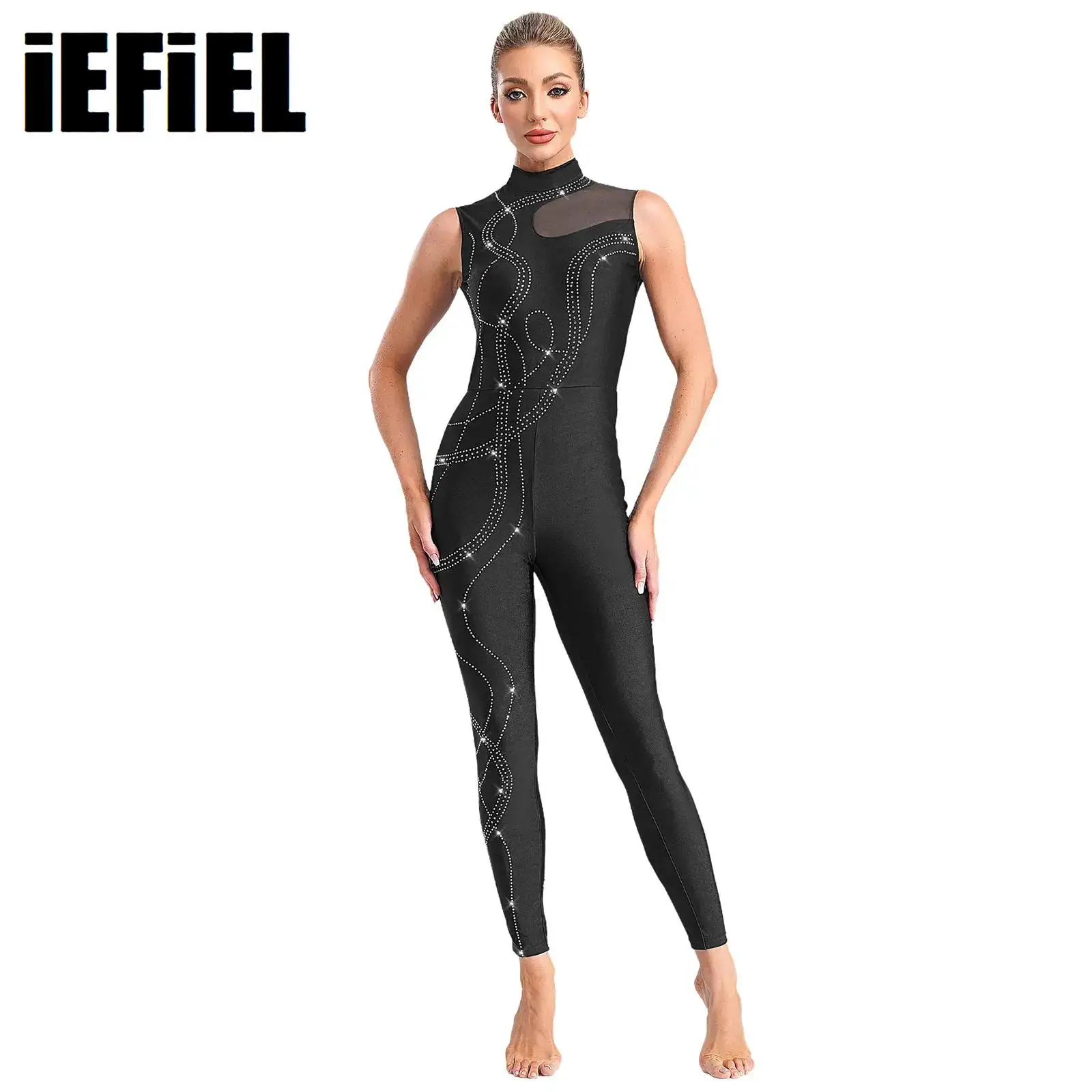 

Womens Gymnastics Ballet Jumpsuit Shiny Rhinestones Mock Neck Sleeveless Keyhole Back Sheer Mesh Patchwork Bodysuit