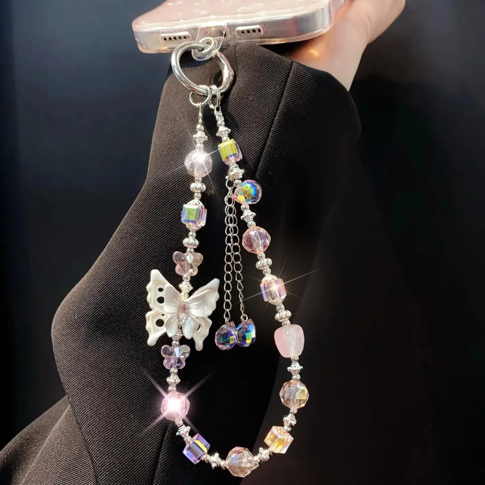 أنيق سبيكة فراشة كريستال الخرزة المفاتيح انفصال بريق مفتاح قلادة ملونة حزام الهاتف النساء الفتيات