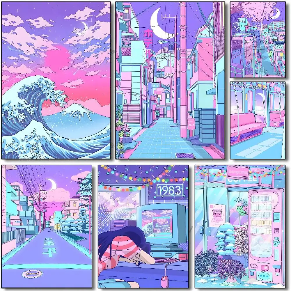 1pc 80s Neon City Street Vaporwave Poster Sticker Print Waterproof Wall Art For Living Room Bedroom Home Decor