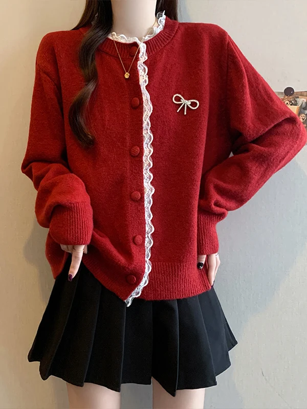 

plus Size Women's Red Lace Trim Knitted Sweater Jaet Autumn Winter New Sle Ele Patchwork High Waist Korean Version