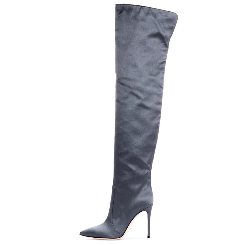 

Grey Satin Over the Knee Boots for Women 2023 Stilettos High Heel Thigh High Boot Ladies Pointed Toe Winter Boots with Zipper