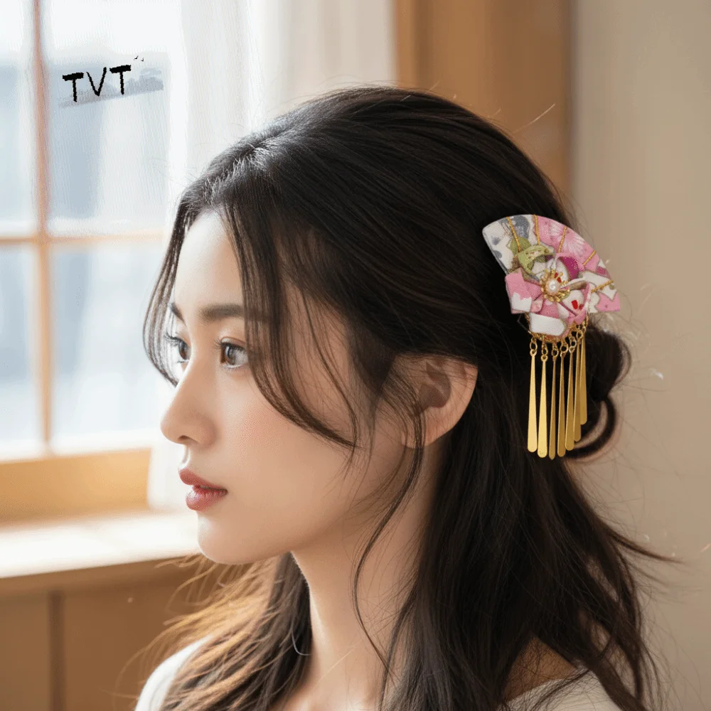 

Elegant Kimono Hair Clip Metal Tassel Traditional Fan Shape Hairpin Sakura Flower Cloth Flower Hair Accessories Ancient Style