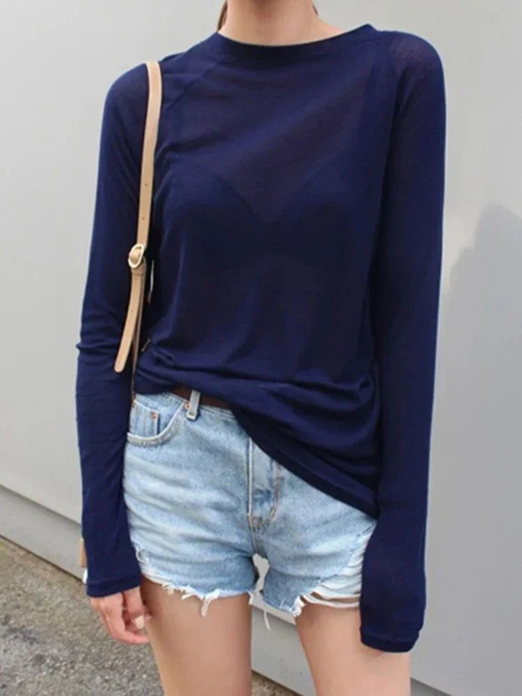 2026 Frühling Herbst Blaues Freizeit-T-Shirt für Damen im koreanischen Stil, leicht transparentes, sexy Langarm-T-Shirt, Damen-T-Shirt