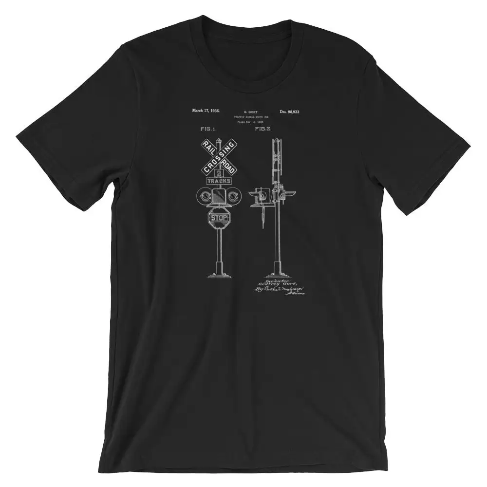 Railroad Crossing Patent T Shirt Train Locomotive Available on Black Red White or Gray Premium Cotton