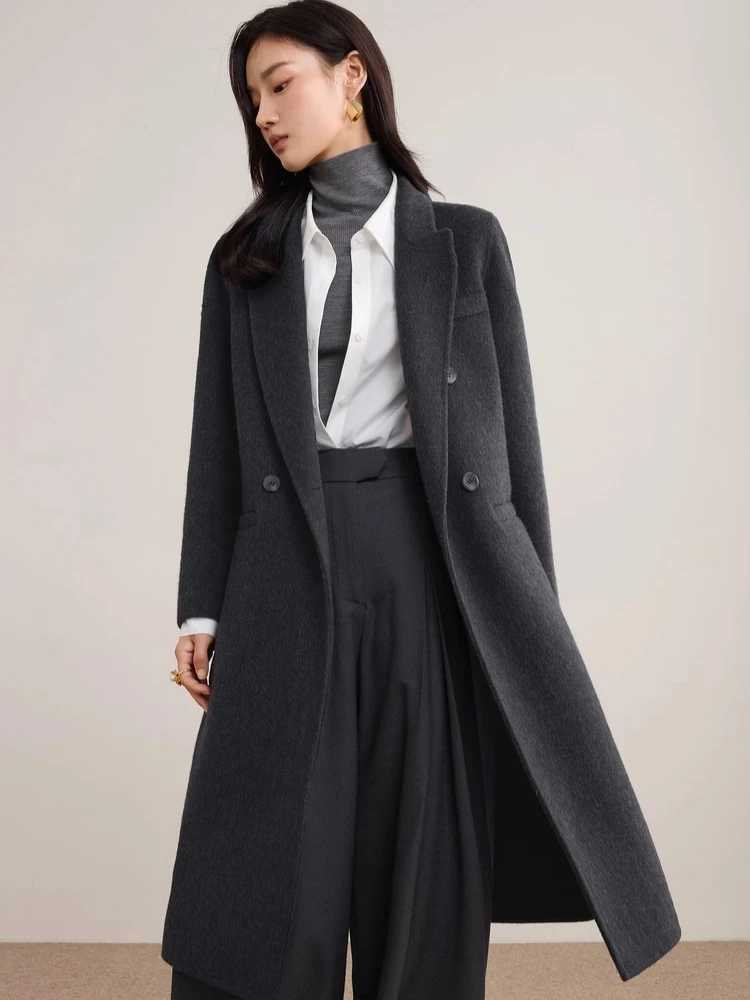 

SENTUBILA Women's Woolen Coats 2025 Winter Peak Lapel Loose Double Sided Jackets Double Breasted Ladies Overcoats W54OA8769