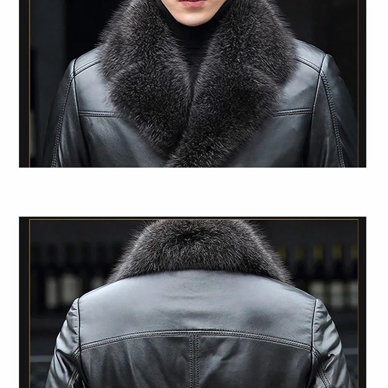 Winter Men Mid-Length Genuine Leather Coat Fur Collar Gentleman Business Warm Jacket Male Thicken Handsome Locomotive Coat