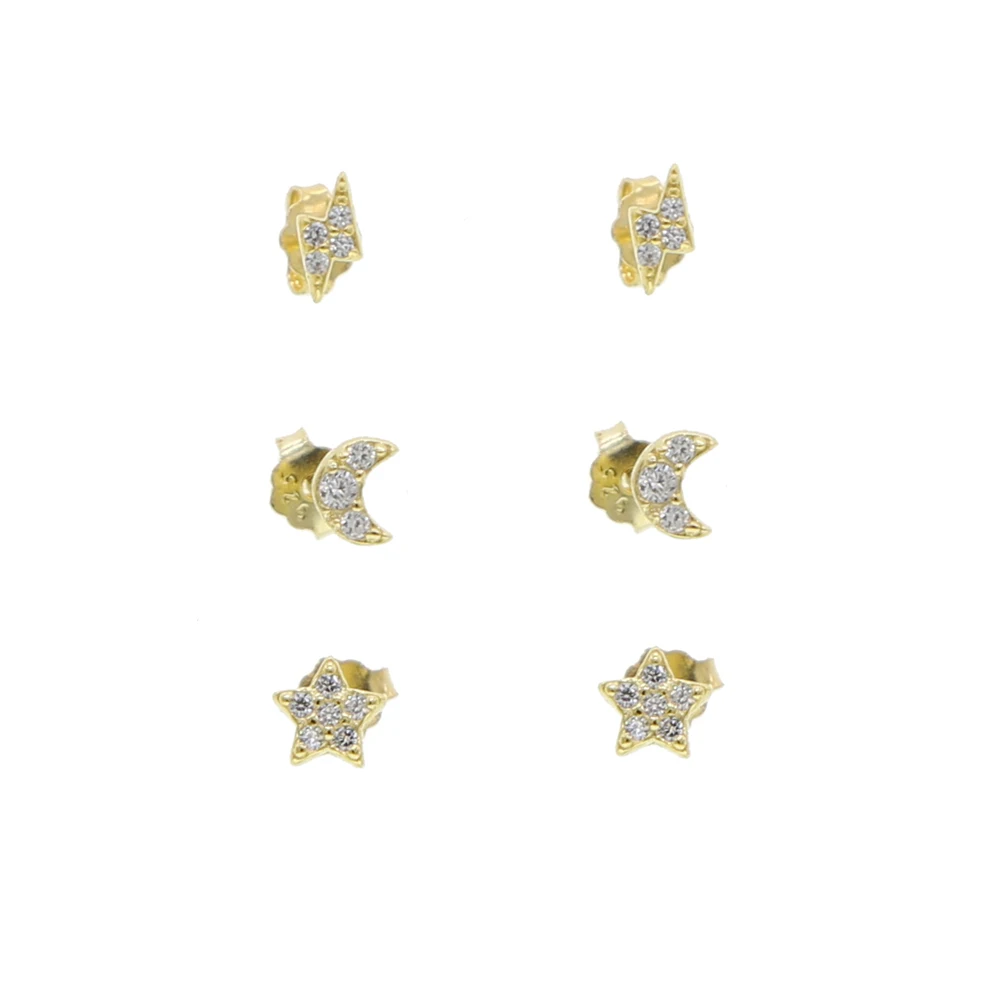 100% 925 Sterling Silver 3pairs/set Mini Small Stud Earrings Moon Star Lightning Bolt Charm Paved Cz Earring Sets Jewelry