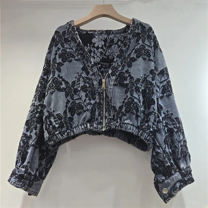 Ladies Cropped Denim Jacket V Neck Zip Front Floral Jacquard Long Sleeve Elastic Hem Loose Casual Short Coat