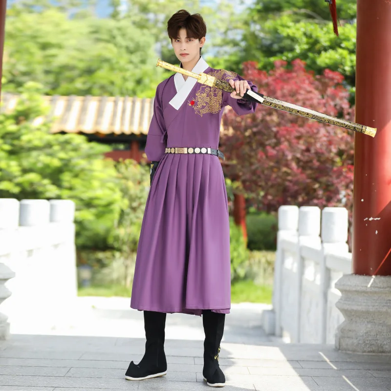 Hanfu tradicional chino para hombres, vestidos de espadachín, Cosplay púrpura, túnica de la dinastía Han, cinturón, brazaletes, disfraces étnicos, conjuntos completos de 3 piezas