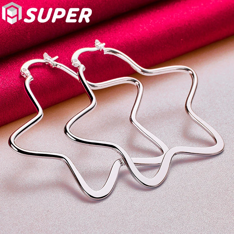 

925 Sterling Silver Star 55mm Hoop Earring For Woman Fashion Party Wedding Engagement Party Jewelry