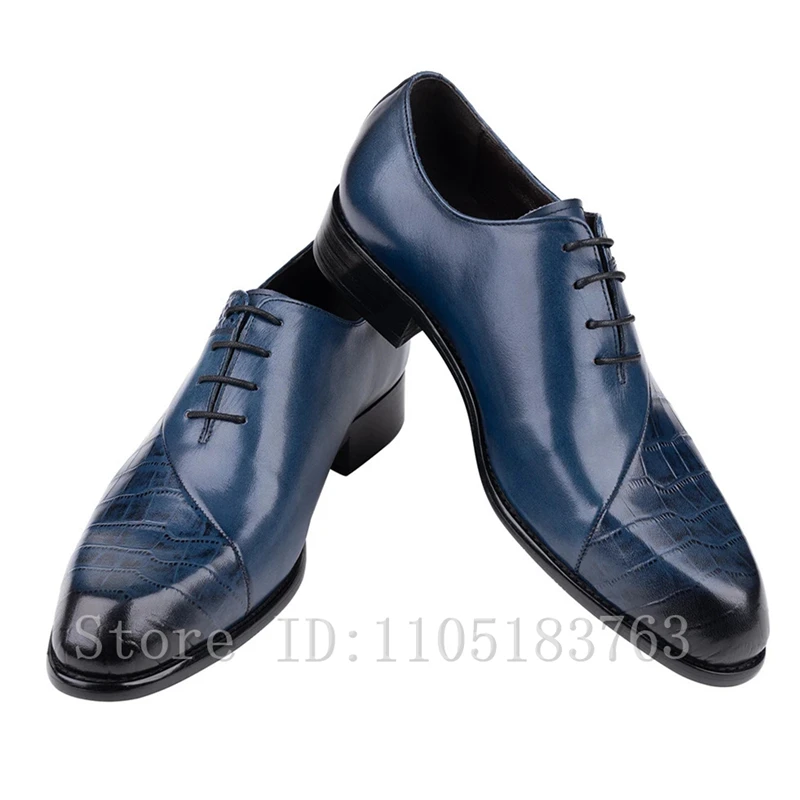 

Men's Blue Genuine Leather Oxford Shoes Handmade Lace-Up Formal Dress Shoes for Business Wedding Party