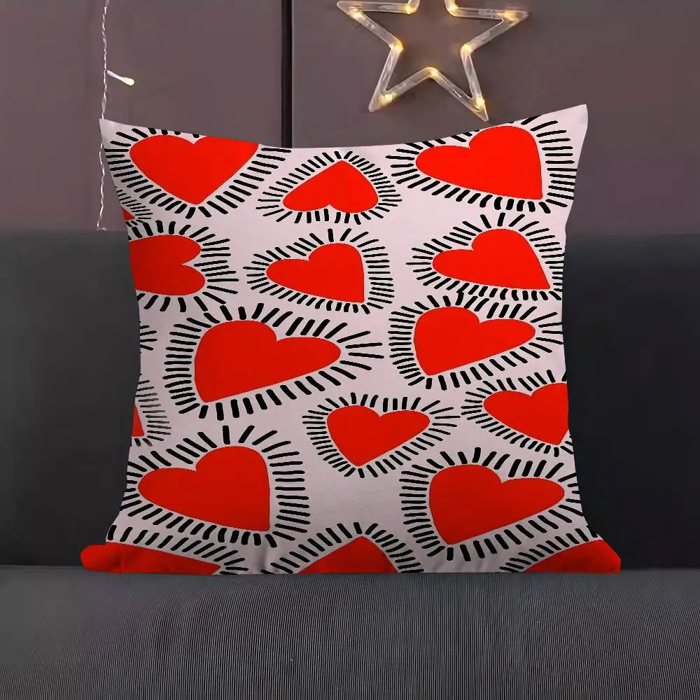 

Red Hearts Pillow Covers Cartoon Sofa Decorative Home Double-sided Printing Short Plush Cute Cushion Cover