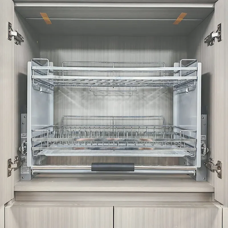 Kitchen Cabinet Pull‑Down Elevator Basket Wall Cabinet Lifting Storage Rack Seasoning Dish Organizer