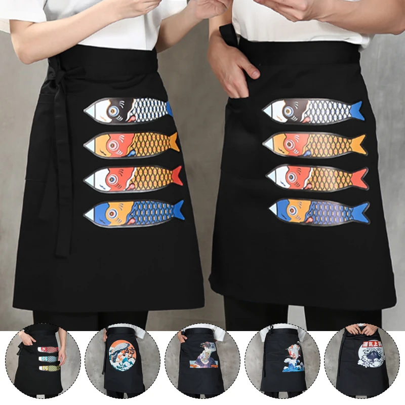 Kitchen Cooking Aprons Japanese Style Cuisine Half-Length Long Waist Apron Matching Sushi Uniform Apron with Pockets