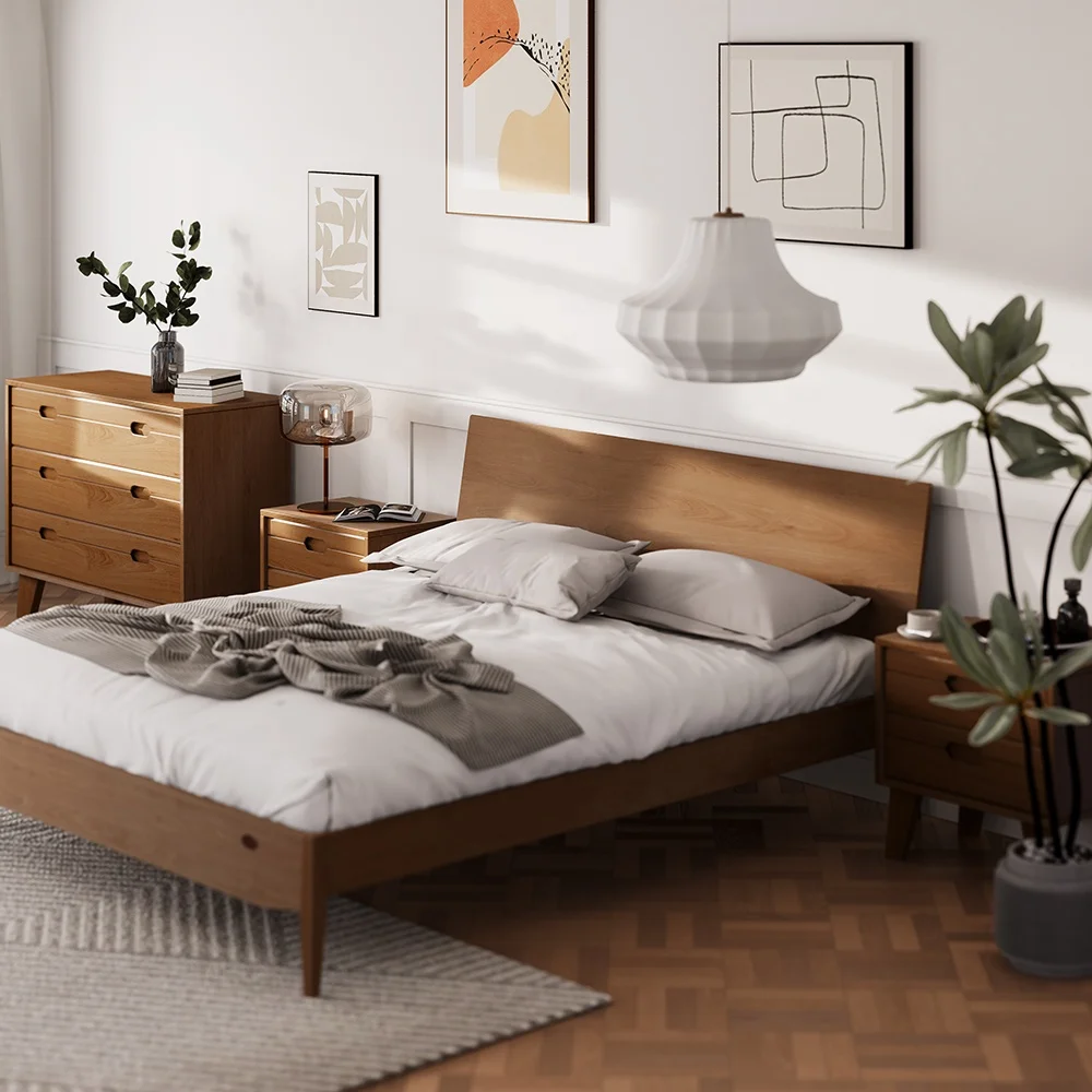 Modern Nordic Style Custom Solid Wood Field Queen King Size Bed Elegant Double Wooden Platform Bed Frame for Adults