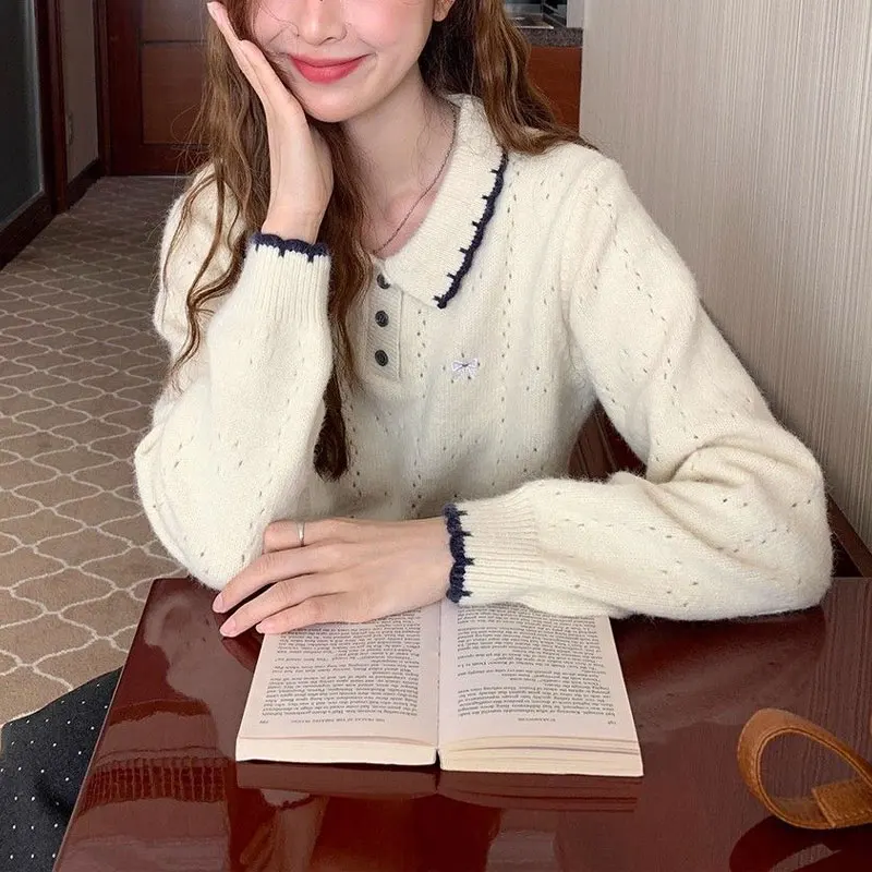 

Женская одежда, модные пуловеры с вышивкой, вязаные корейские сращенные осенне-зимние повседневные свободные свитера с отложным воротником и пуговицами