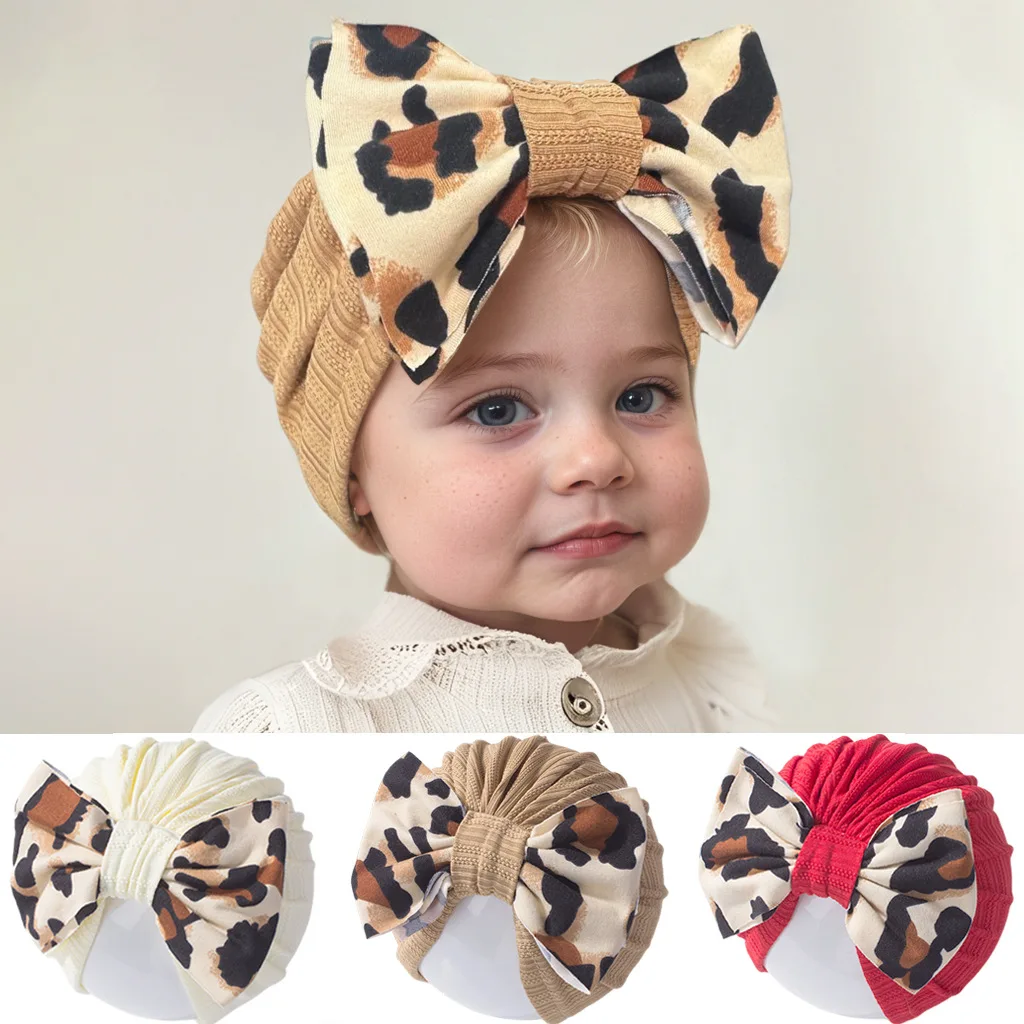 Kids Turban Bowknot Leopard Prints Baby Hat Girls Cotton Beanie Newborn Hats Toddler Head Wraps Infant Cap Hair Accessories