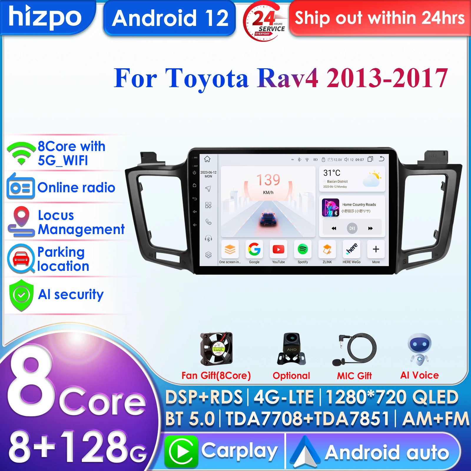 Wireless CarPlay Android 4G 10.1''   intelligents AI BT Auto Radio for Toyota RAV4 2013-2017 GPS Stereo  Multimedia Player 2din