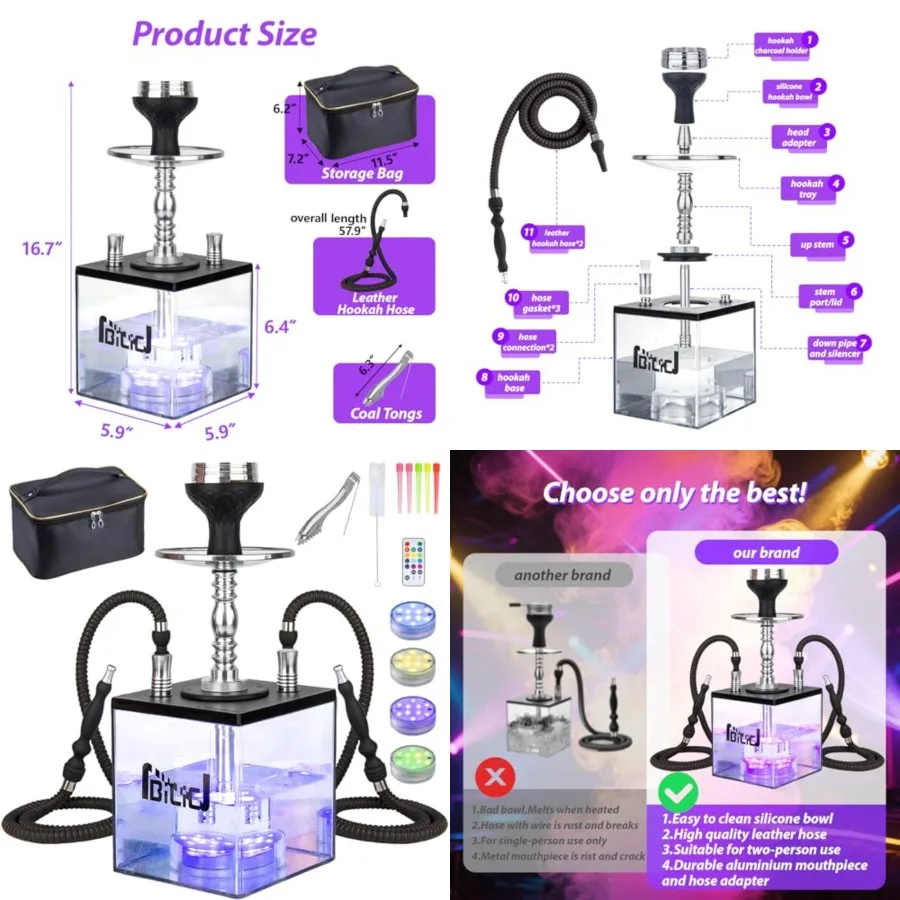 

2 Hose Hookah Set - Portable Hookah Set with Everything Included - Durable Hookah Machine for Easy Setup and Enjoyment, Perfect