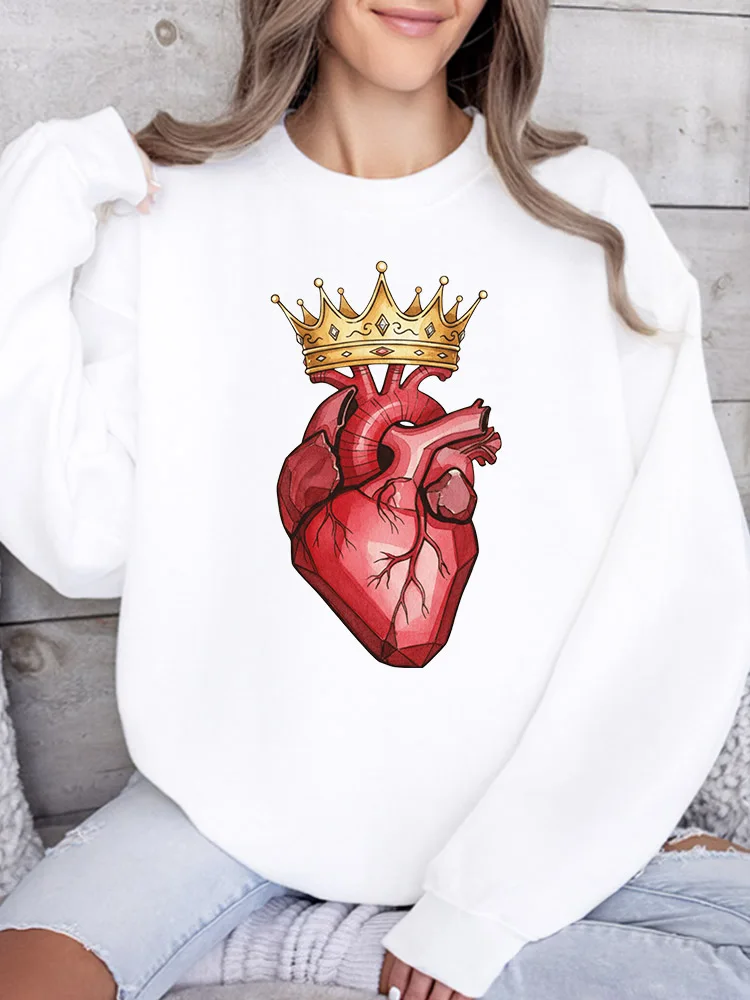 

Женская толстовка Heart King с круглым вырезом, повседневный пуловер с длинными рукавами, свободный крой, для ежедневной носки