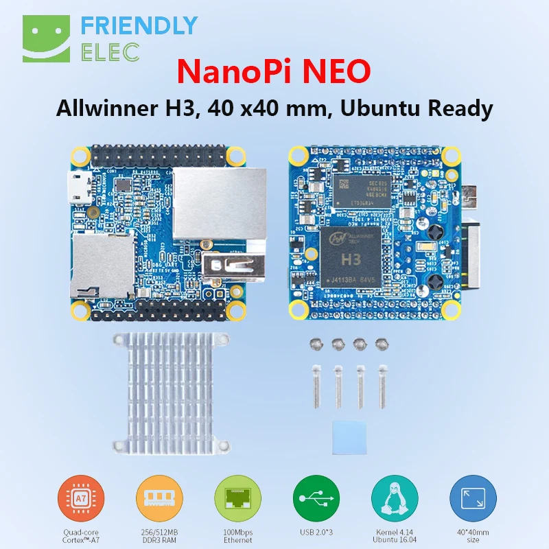 NanoPi NEO V1.4 LTS 512 MB DDR RAM Allwinner H3, OpenWRT, Quad Cortex-A7 Tot 1,2 GHz, ondersteuning Ubuntu Linux Armbian DietPi Kali