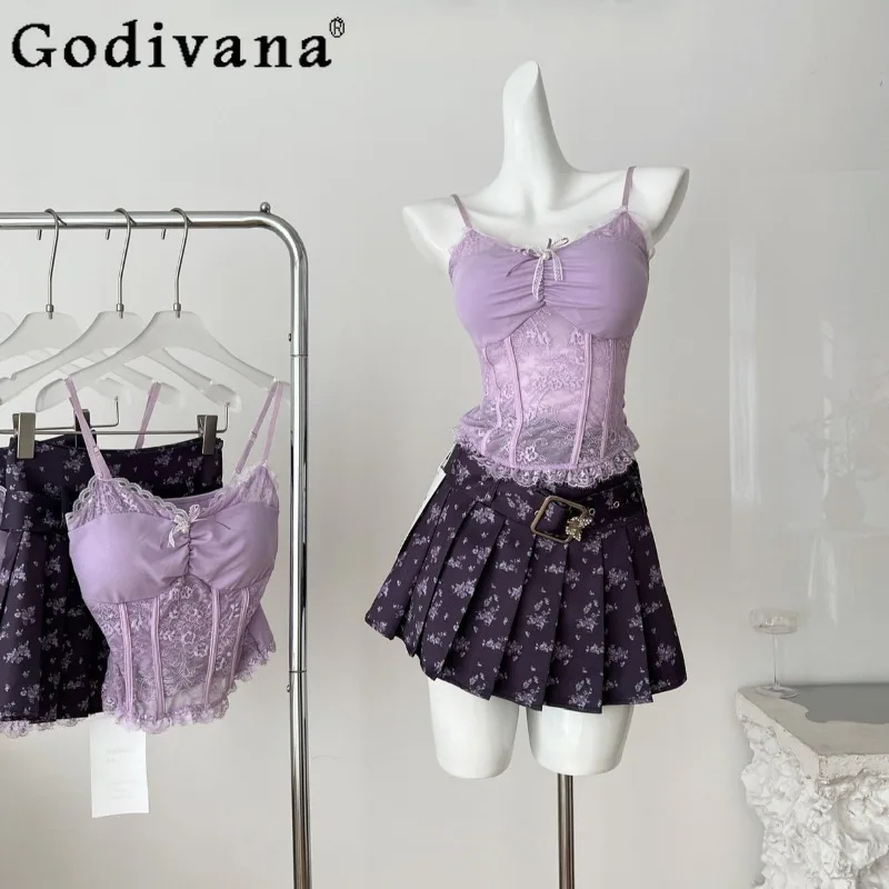 

Summer Purple Lolita Set Women Pure Original Design Sexy Top and Short Skirt Suits Female Slim Princess Two Piece Outfits