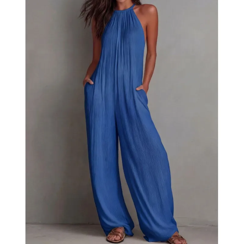 Women's Casual Vacation Jumpsuit Summer Fashion Round Neck Design Sexy Sleeveless Loose Jumpsuits Ladies Foreign Styl Streetwear