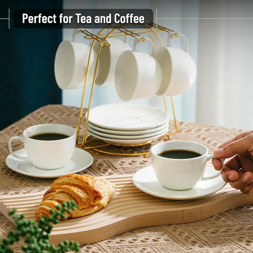 Set of 12 White Porcelain Tea Cups & Saucers, 8oz Capacity