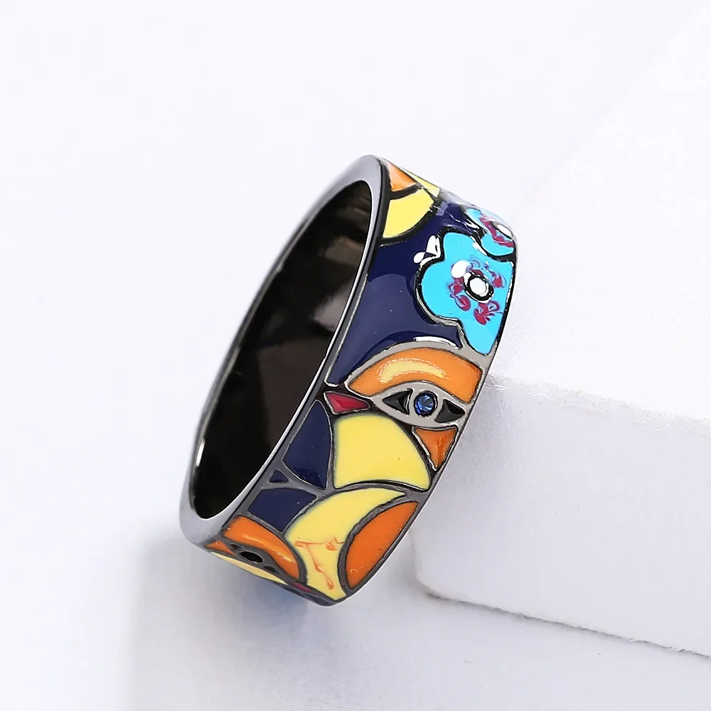 Women's Handmade Blue Spinel Bird Flower Enamel Ring