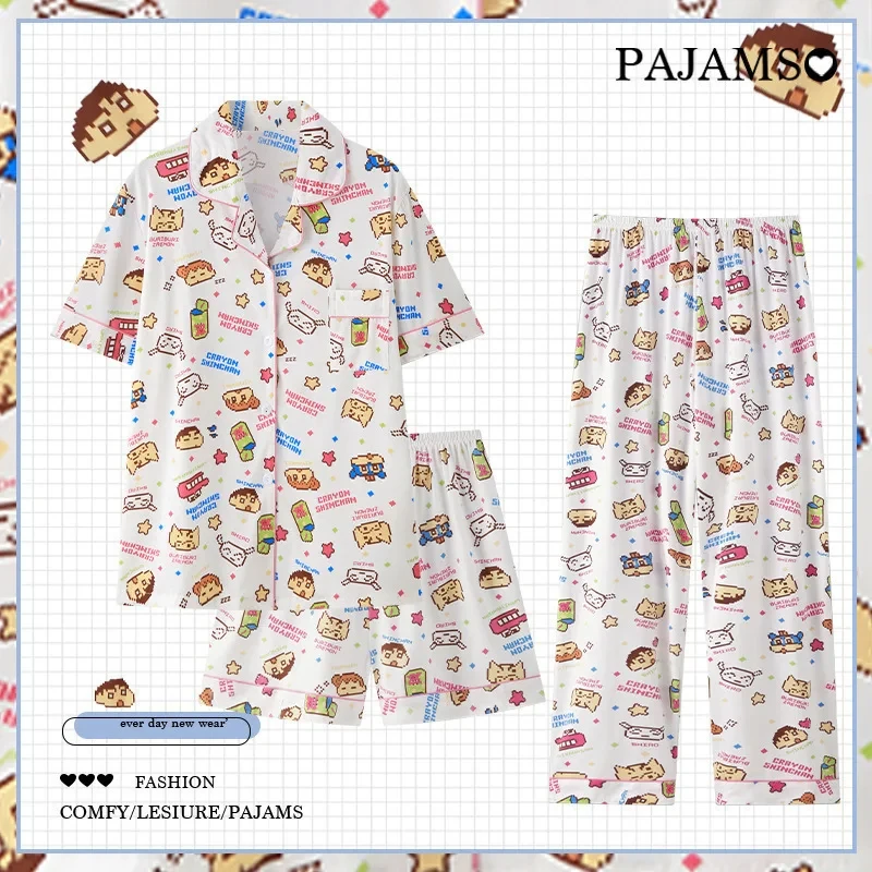 

Комплект женской пижамы с мультяшным принтом Crayon Shin Chan, 3 предмета: модная пижама с короткими рукавами и брюками, домашняя одежда в стиле аниме, студенческая милая одежда для отдыха, подарок