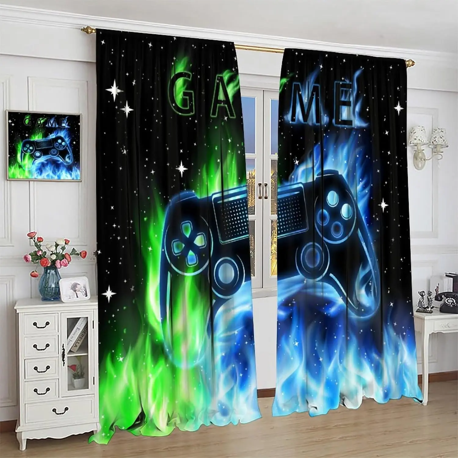 Cool Game Curtains For Boys Bedroom, Green Blue Flame Video Game Graffiti Game Controller Outer Space Stars Print Window Drapes