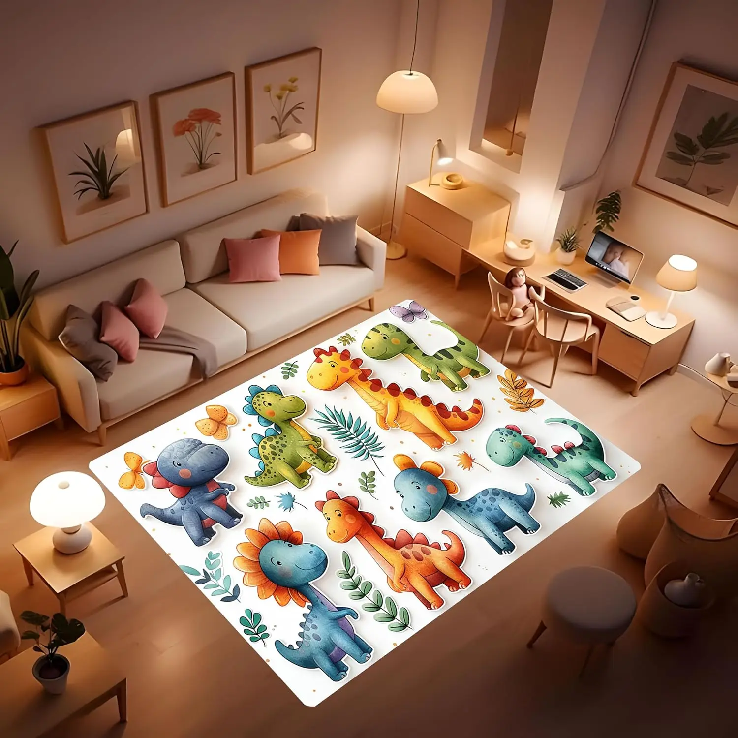 Dinosaur Print Children's Play mat, Super Soft Plush Toddler Baby Rug, Retro Dinosaur Rug for Children's Room, Baby Activity