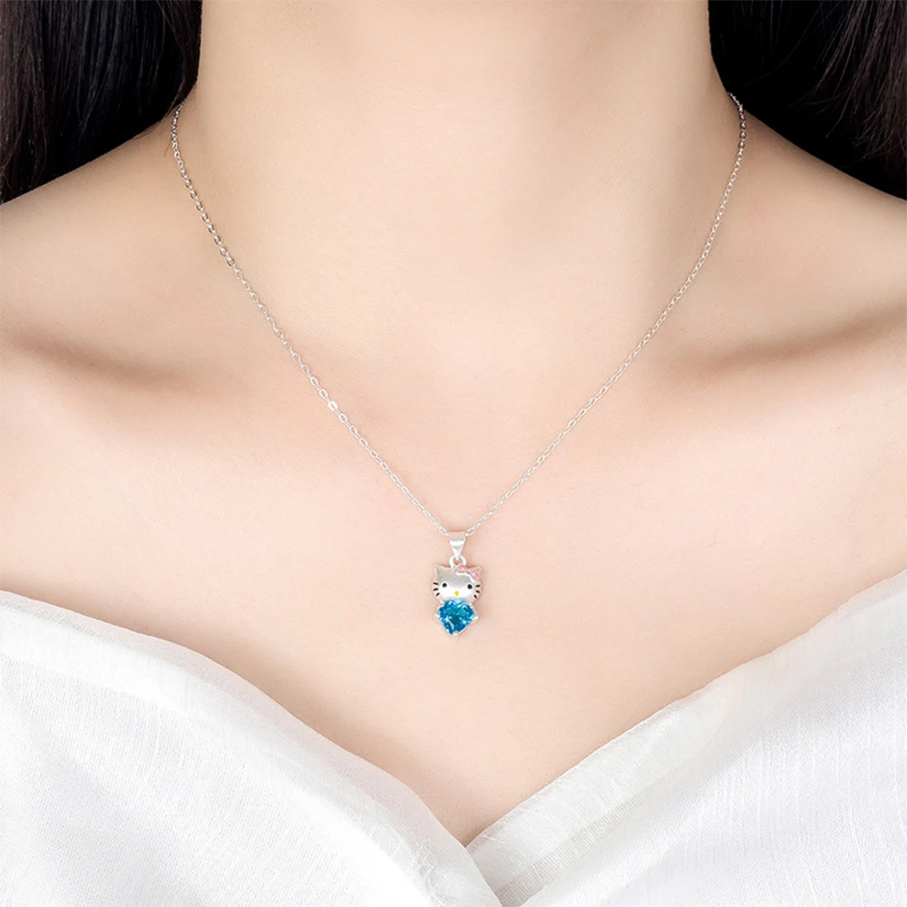 Sanrio Hello Kitty Anime Sea Blue Heart Diamond Pendant Cute Cartoon Necklace Light Luxury High Grade Jewelry Festival Gifts Toy