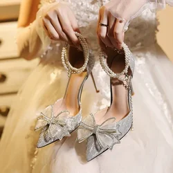 Elegant silver high heels for women's spring and autumn new ankle strap party shoes, pointed bow wedding shoes 575